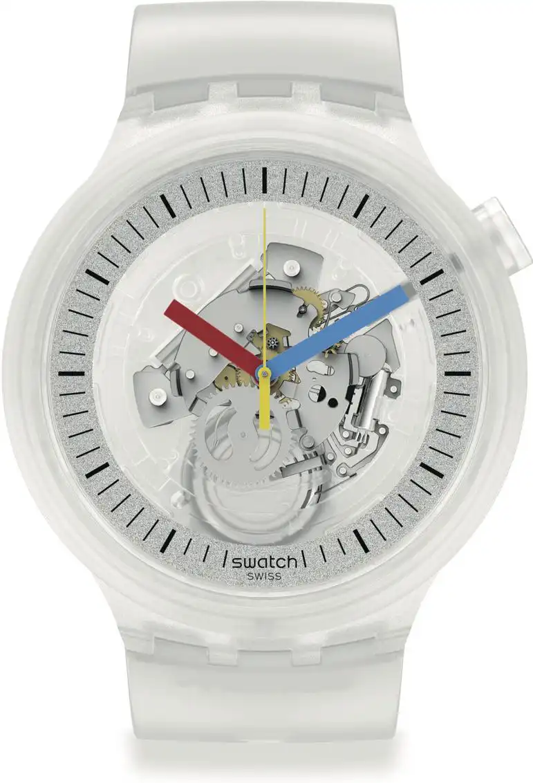 ساعة سواتش رجالي CLEARLY BOLD، عقارب، سوار سيليكون، أبيض، SB01K100