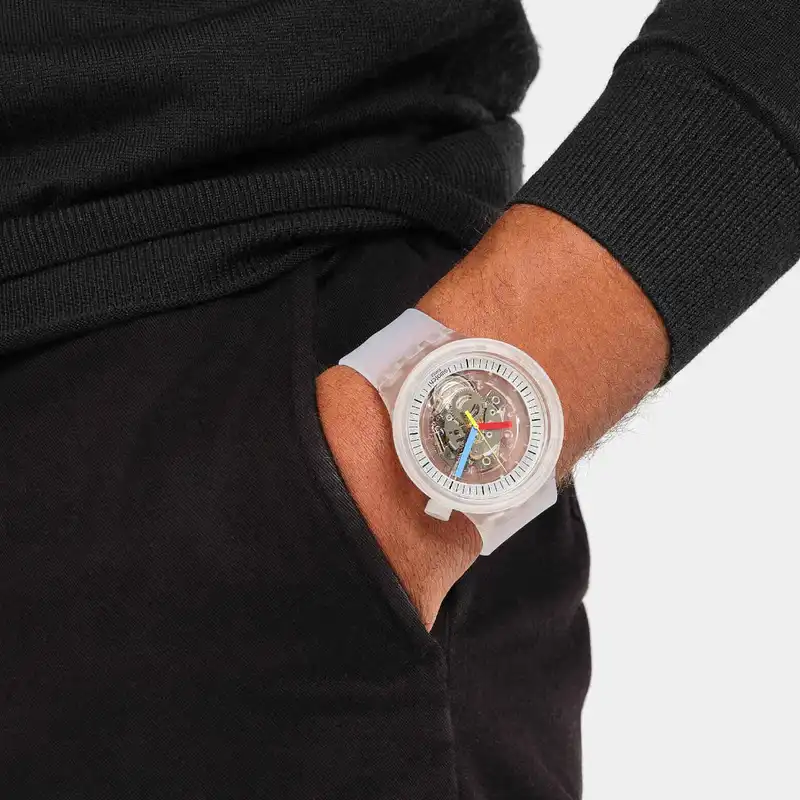 ساعة سواتش رجالي CLEARLY BOLD، عقارب، سوار سيليكون، أبيض، SB01K100