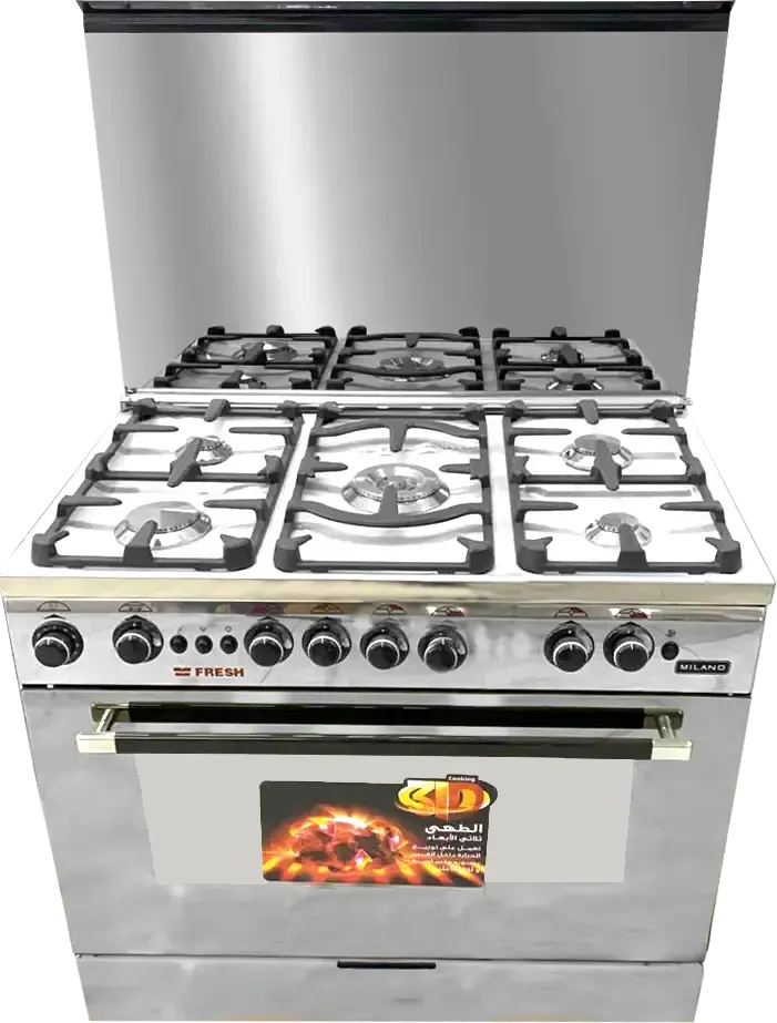 بوتاجاز فريش ميلانو 60×90 سم، 5 شعلة، حوامل أواني زهر، مروحة، شواية، ستانلس ستيل، فضي
