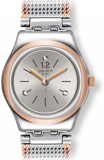 ساعة سواتش حريمي، عقارب، سوار ستانلس ستيل، فضي× نحاسي، YSS327M