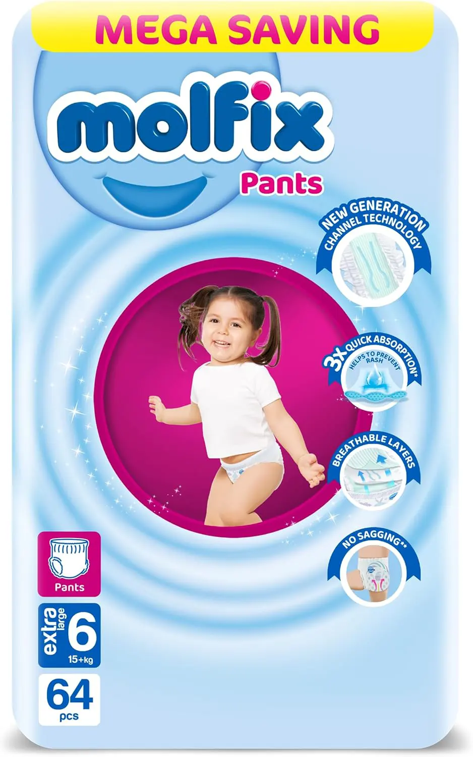 حفاضات مولفيكس بانتس للاطفال مقاس 6 ،15 كجم ،64 حفاضة