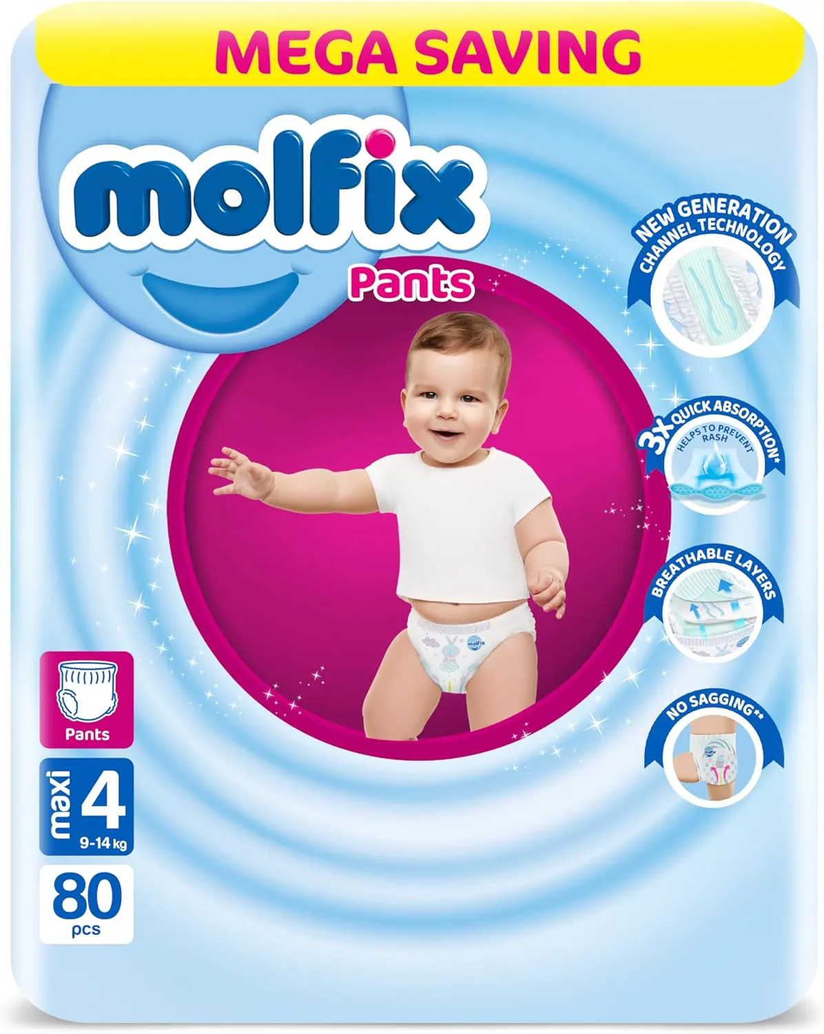 حفاضات مولفيكس بانتس للاطفال مقاس 4  ،9 - 14 كجم ،80 حفاضة