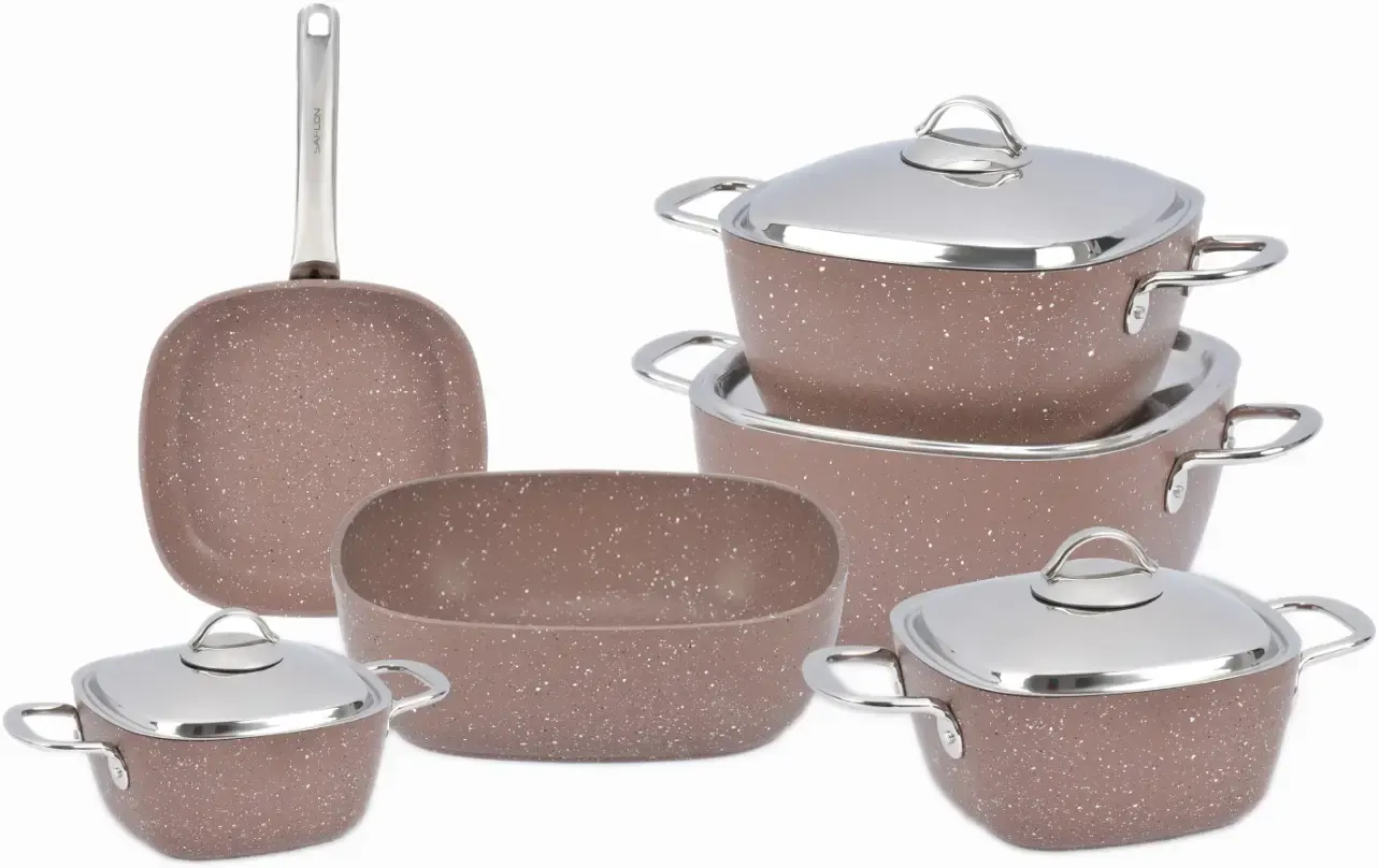 طقم حلل جرانيت مربع سافلون بيد استيل، 10 قطع ،بني