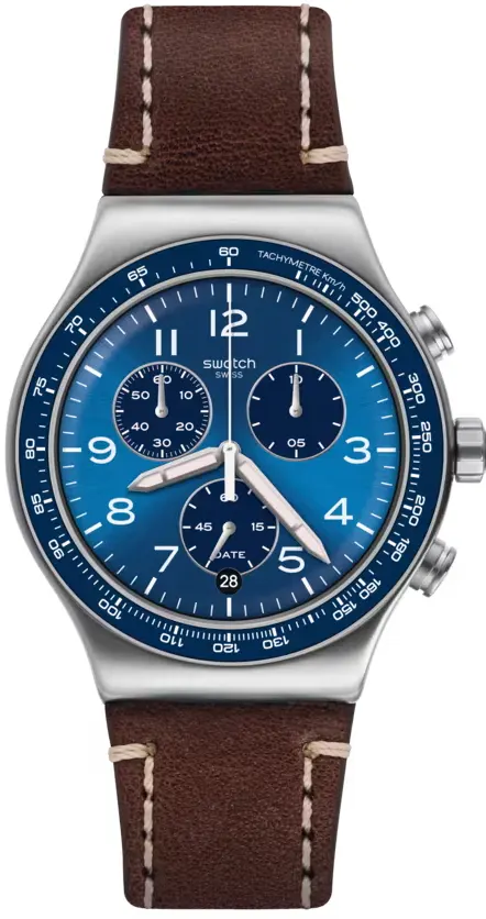 ساعة سواتش رجالي كاجوال بلو ، عقارب، سوار جلد، بني ، YVS466