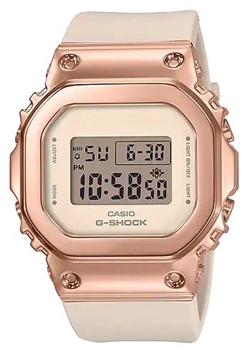 ساعه كاسيو جي شوك للنساء، رقميه، سوار من الريزن،  بيج×جولد روز، GM-S5600PG-4DR