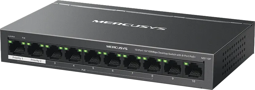 سويتش ايثرنت ميركوسيس 10 منافذ، 10-100 ميجا بت في الثانية،  مع 8 منافذ POE، أسود، MS110P