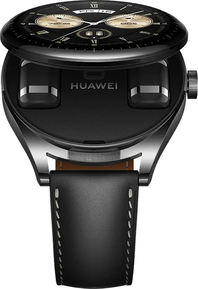 ساعة سمارت هواوي مع سماعات ايربودز، شاشة اموليد 1.43 بوصة، سوار جلد، مقاومة للماء، لون سود