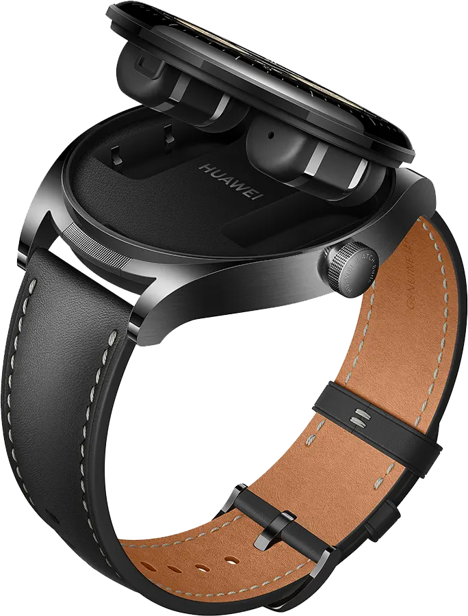 ساعة سمارت هواوي مع سماعات ايربودز، شاشة اموليد 1.43 بوصة، سوار جلد، مقاومة للماء، لون سود