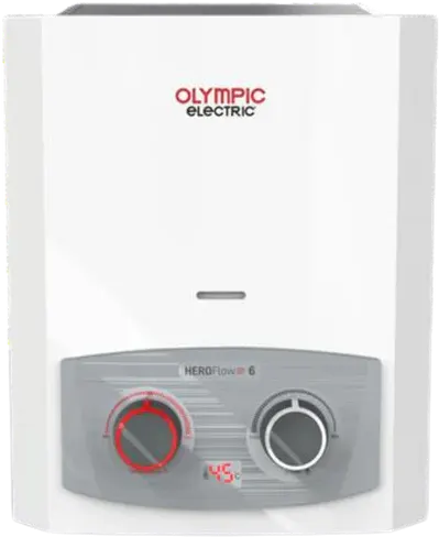 Olympic Hero Flow Gas Water Heater, 6 Liters, Digital Display, Adapter, Without Chimney, White