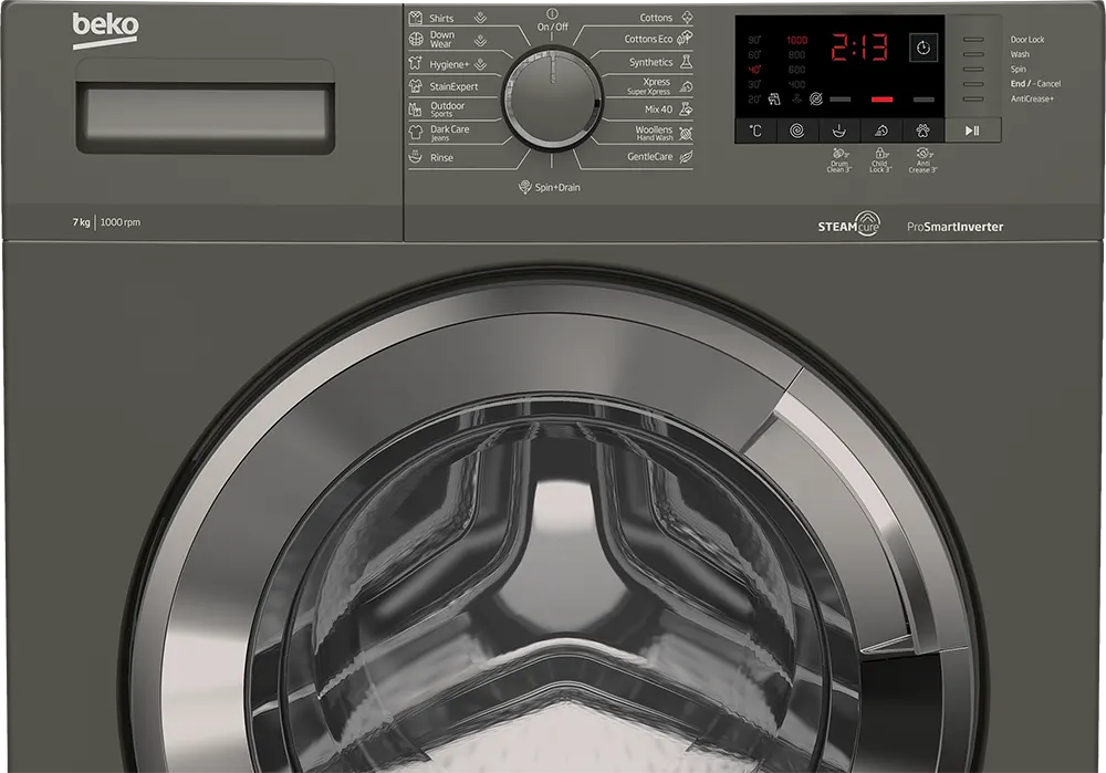 غسالة ملابس فول اوتوماتيك بيكو تحميل أمامي 7 كجم، 1000 لفة، شاشة ديجيتال، إنفرتر، رمادي، WTV 7512 XMCI2