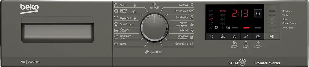 غسالة ملابس فول اوتوماتيك بيكو تحميل أمامي 7 كجم، 1000 لفة، شاشة ديجيتال، إنفرتر، رمادي، WTV 7512 XMCI2