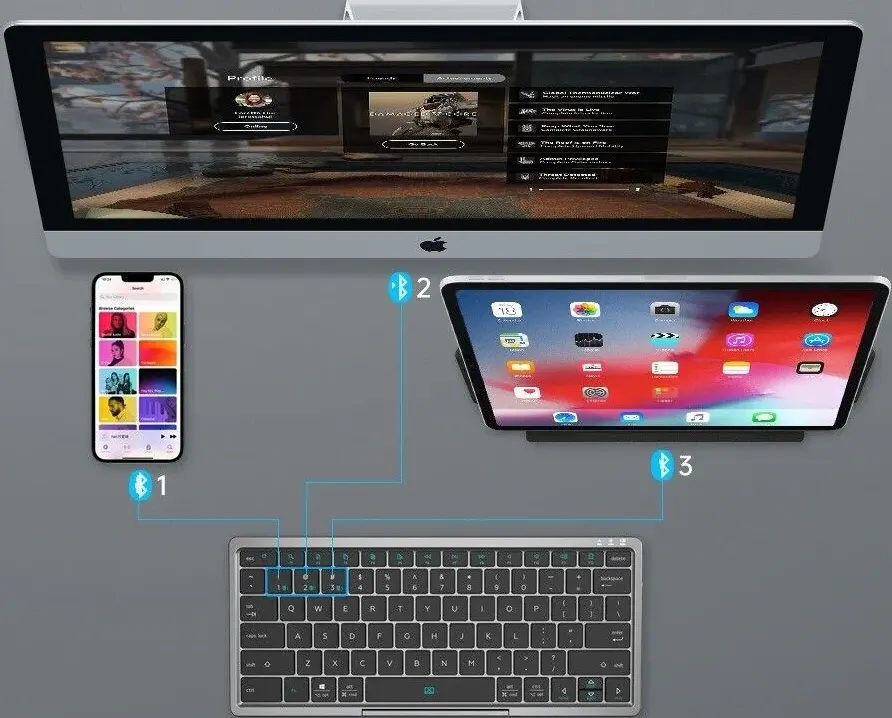لوحة مفاتيح لاسلكية بلوتوث مع لوحة لمس قابلة للدوران، قابلة للشحن، أسود، KF8700