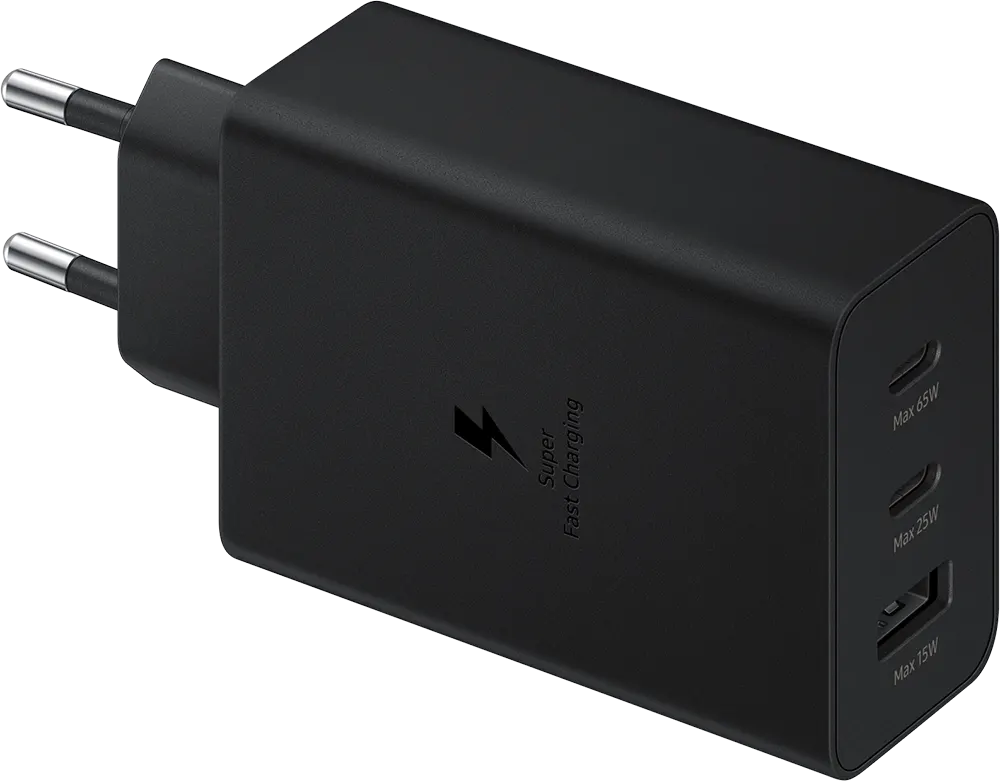 شاحن سامسونج ثلاثي بقدرة 65 وات، 3 منافذ USB-C *2، USB-A، أسود، EP-T6530NBEGEU