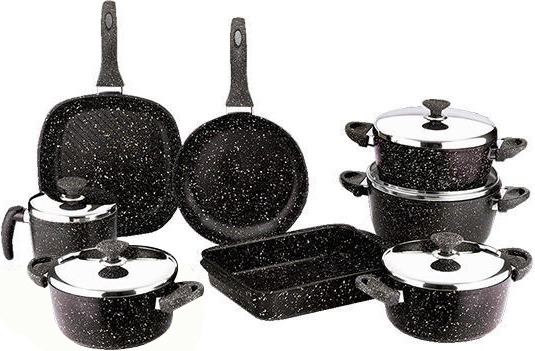 طقم حلل جرانيت سافلون مدور ترند لاين، 13 قطعة، أسود