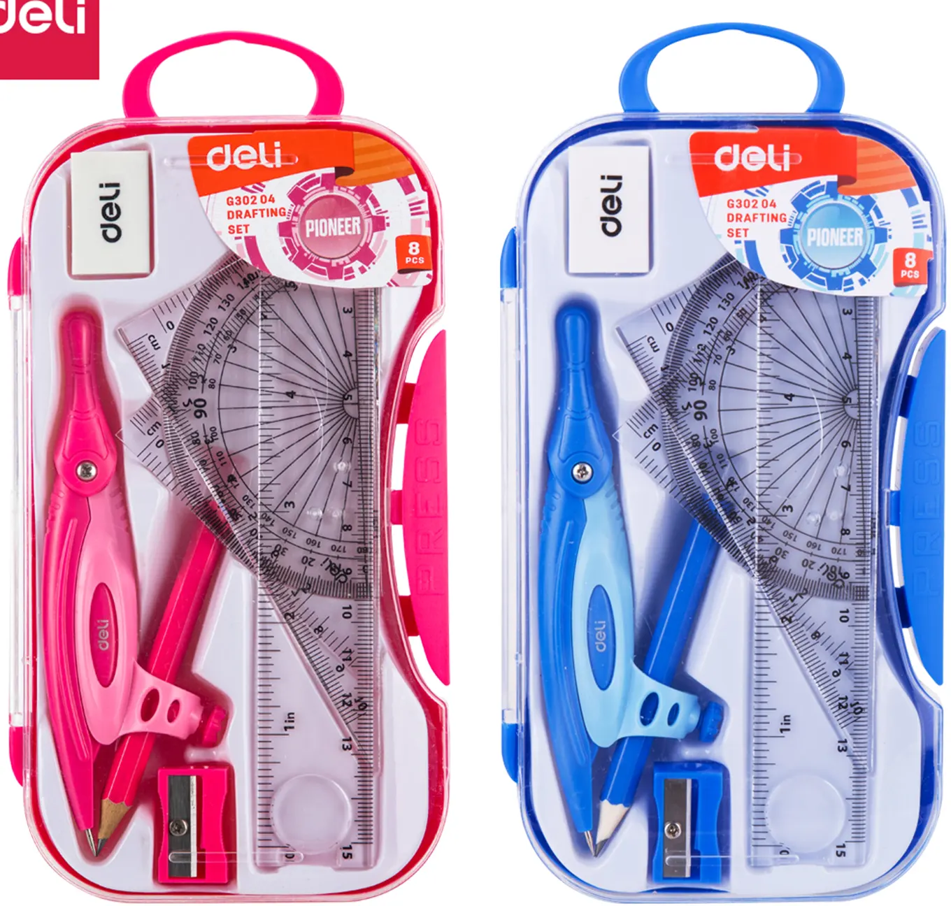 طقم أدوات هندسية بلاستيك من ديلي، 8 قطع، علبة بلاستيك،ألوان متعددة،EG30204