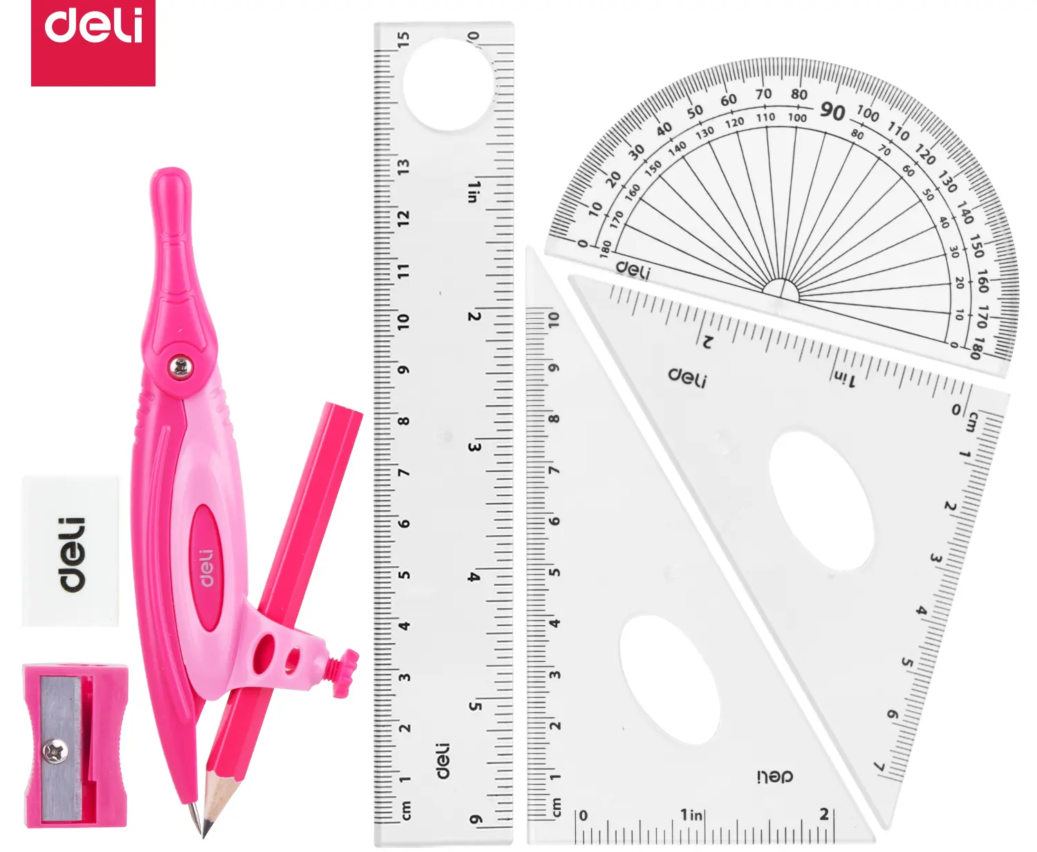 طقم أدوات هندسية بلاستيك من ديلي، 8 قطع، علبة بلاستيك،ألوان متعددة،EG30204