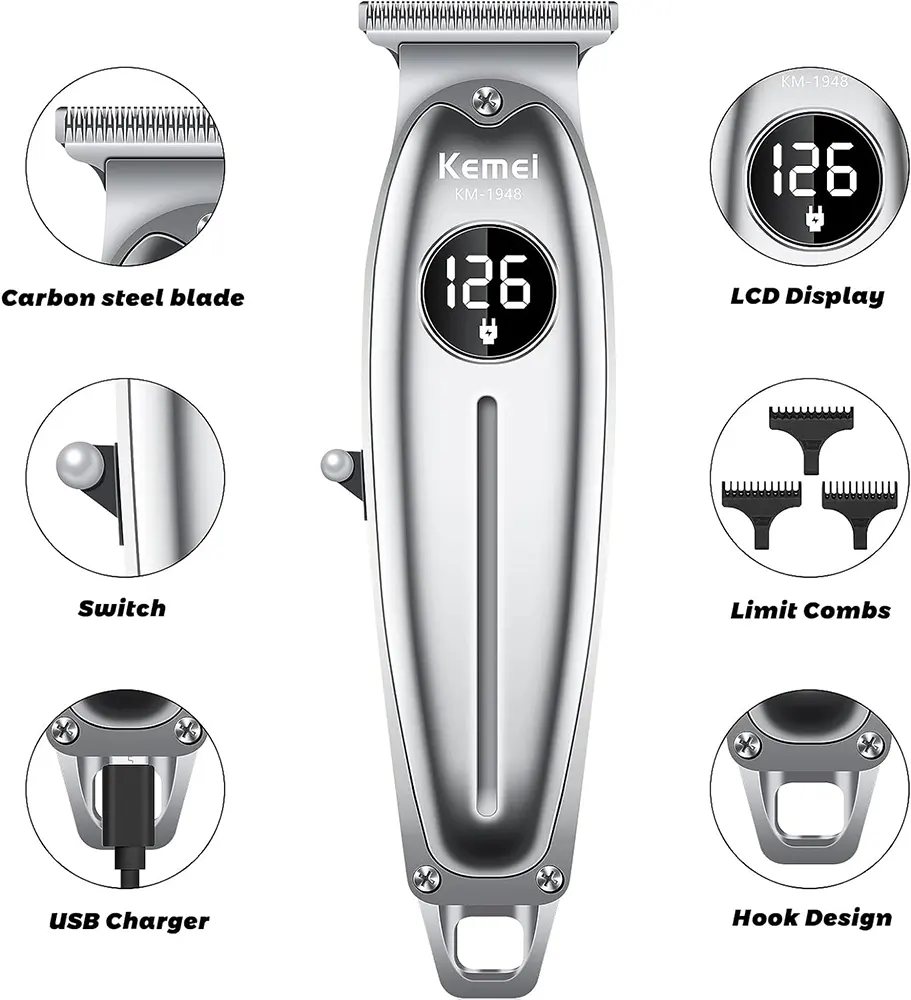 ماكينة حلاقة شعر للرجال كيمي قابلة للشحن، شاشة LCD، فضي، KM-1948