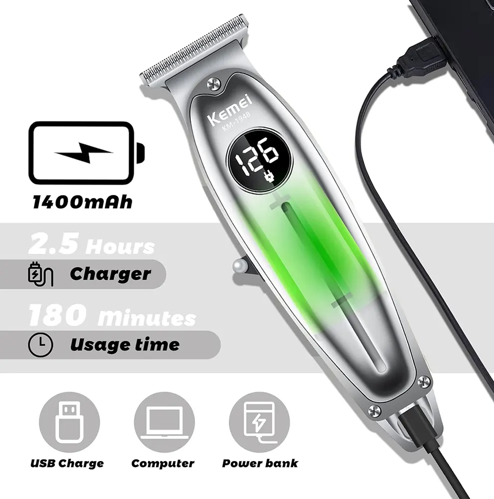 ماكينة حلاقة شعر للرجال كيمي قابلة للشحن، شاشة LCD، فضي، KM-1948