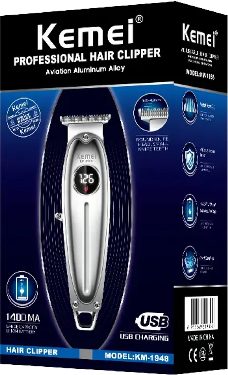 ماكينة حلاقة شعر للرجال كيمي قابلة للشحن، شاشة LCD، فضي، KM-1948
