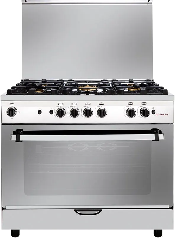 بوتاجاز فريش هاي كاست، 90 × 60 سم، 5 شعلة، قلاية هواء، حوامل زهر، فضي