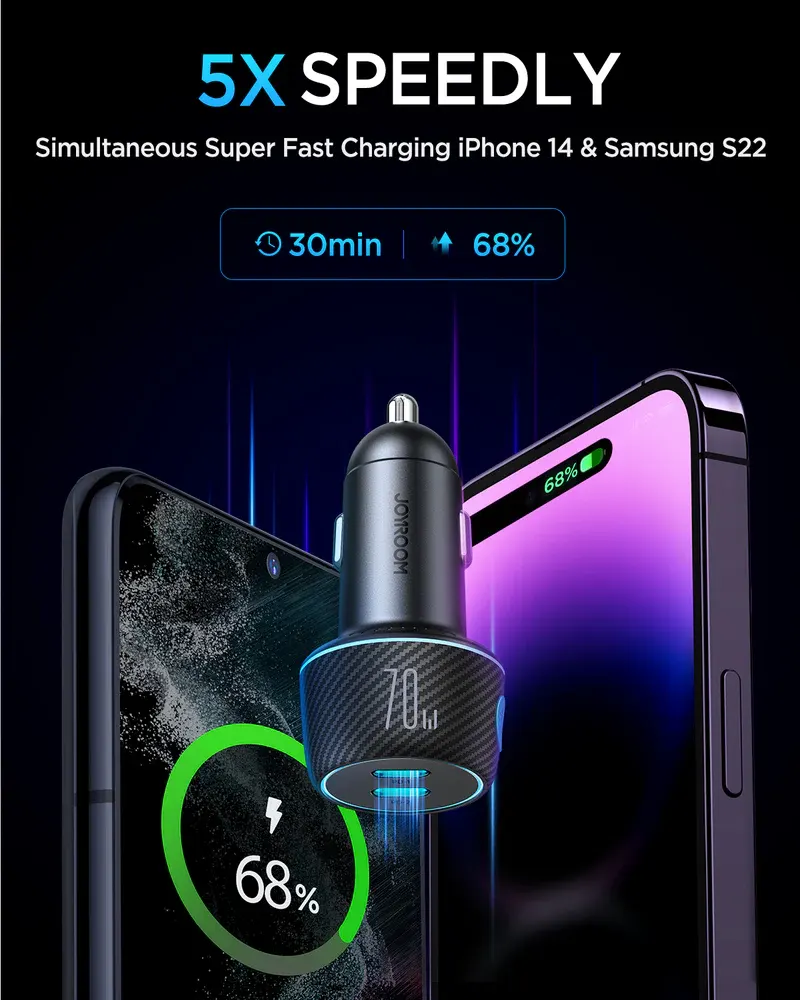 شاحن سيارة سريع من جوي روم ، زر اضاءة ،60 وات ،أسود ،JR-CCN01