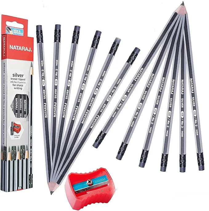 علبة قلم رصاص بأستيكة من ناتاراج ، 12 قلم ،HB ، سيلفر ، مع براية هدية