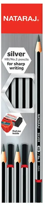 علبة قلم رصاص بأستيكة من ناتاراج ، 12 قلم ،HB ، سيلفر ، مع براية هدية