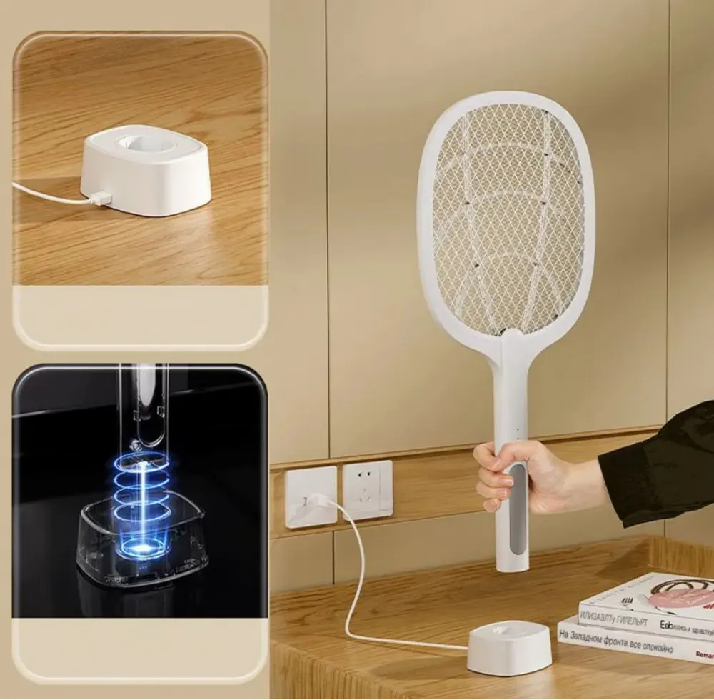 مضرب صاعق حشرات ، قابل لإعادة الشحن، قاعدة شحن، أبيض، DqN-01