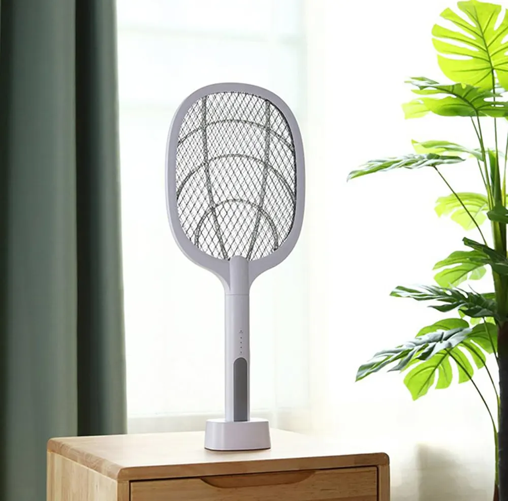 مضرب صاعق حشرات ، قابل لإعادة الشحن، قاعدة شحن، أبيض، DqN-01