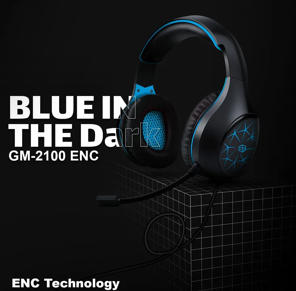 سماعة رأس سلكية للألعاب، سلكية، ميكروفون، أسود*ازرق، GM-2100ENC