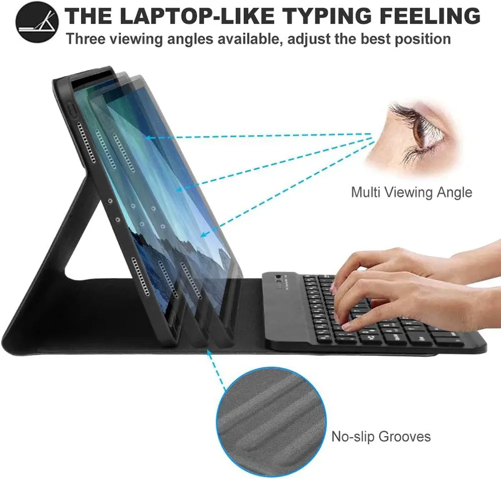 جراب قابل للطي بيونس مع لوحة مفاتيح بلوتوث ذكية قابلة للشحن لجهاز ايباد برو (2021) 12.9 بوصة ، أسود