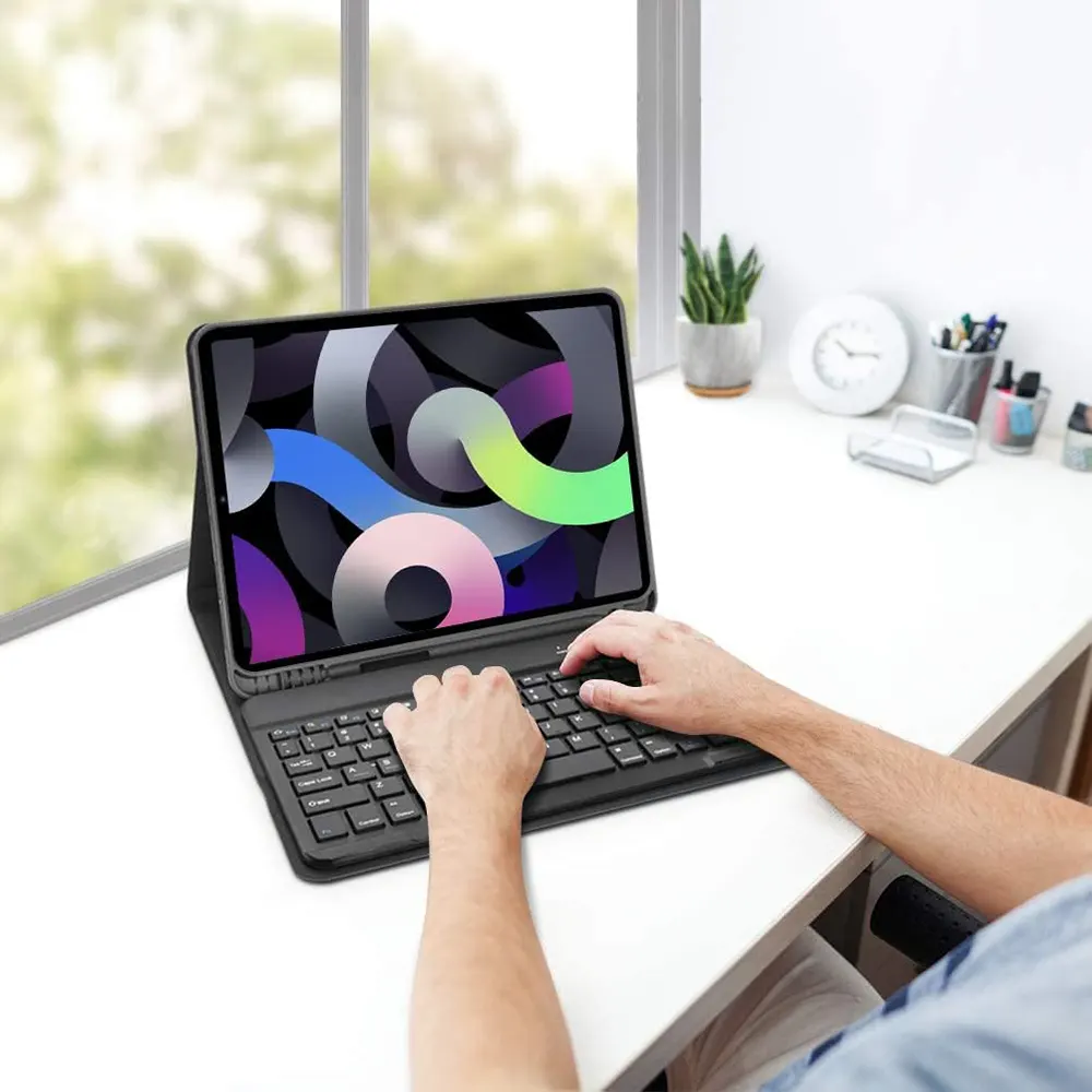 جراب قابل للطي بيونس مع لوحة مفاتيح بلوتوث ذكية قابلة للشحن لجهاز ايباد برو (2021) 12.9 بوصة ، أسود