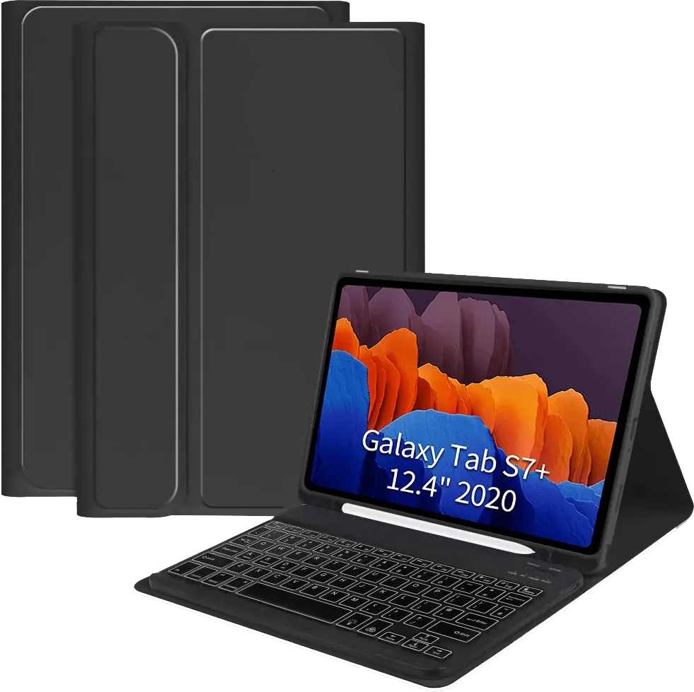 جراب قابل للطي لجهاز سامسونج تاب S7 بلس من بيونس، مع لوحة مفاتيح بلوتوث ذكية قابلة للشحن ، أسود