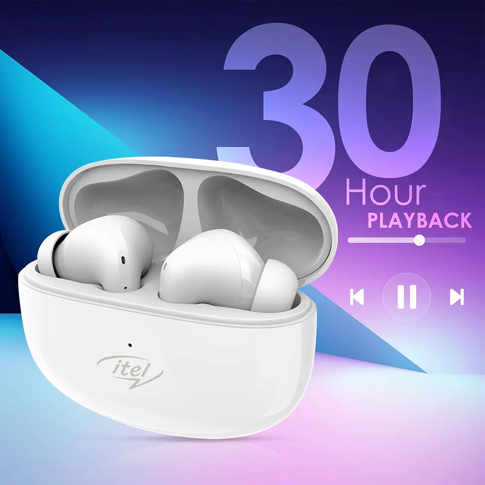 سماعة ايربودز ايتل T31 ترو، إلغاء الضوضاء، مقاومة للماء IPX5، بطارية تشغيل 30 ساعة، أبيض