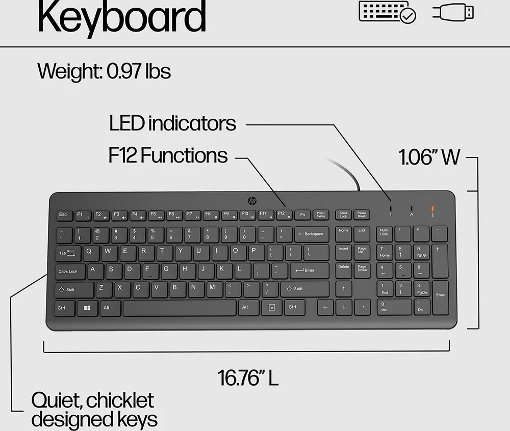 مجموعة لوحة مفاتيح وماوس سلكية اتش بي 150، USB، أسود، 240J7AA