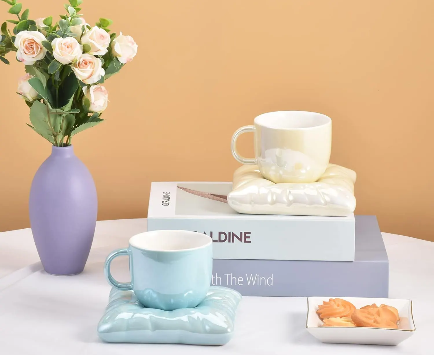 مج للنسكافية والقهوة سيراميك من كويثين بالمعقلة وصحن، متعدد الألوان