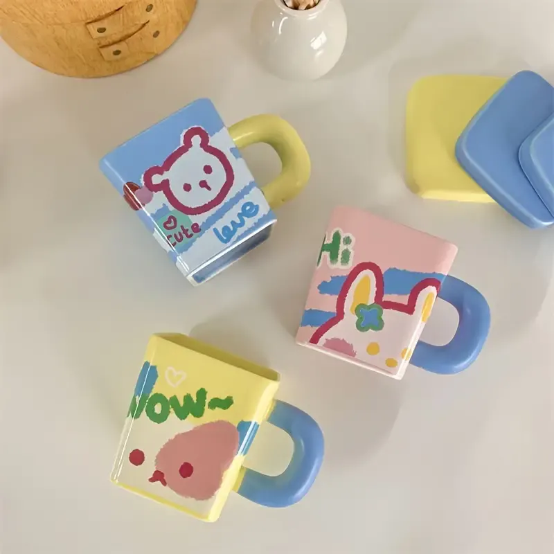 ماج للنسكافية والقهوة برسوم كارتونية من السيراميك، بغطاء،2173