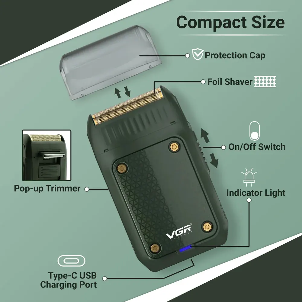 ماكينة حلاقة كهربائية في جي ار لتنعيم الذقن، قابلة للشحن، أخضر-أسود، V-353