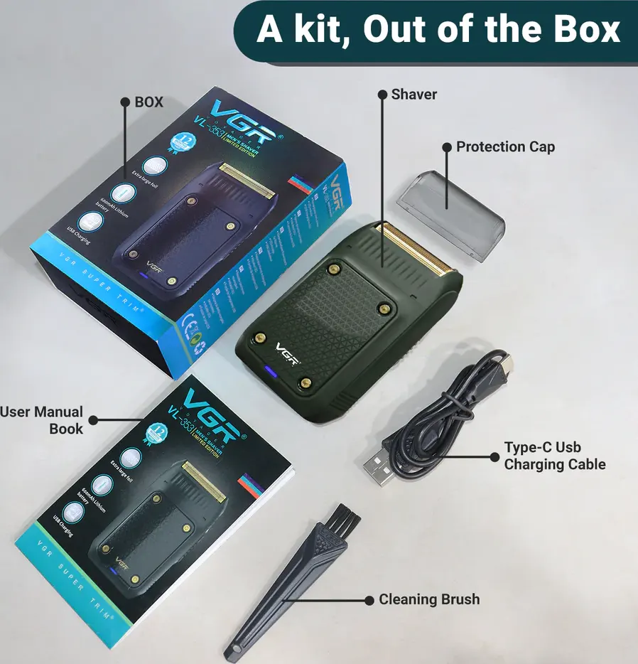 ماكينة حلاقة كهربائية في جي ار لتنعيم الذقن، قابلة للشحن، أخضر-أسود، V-353