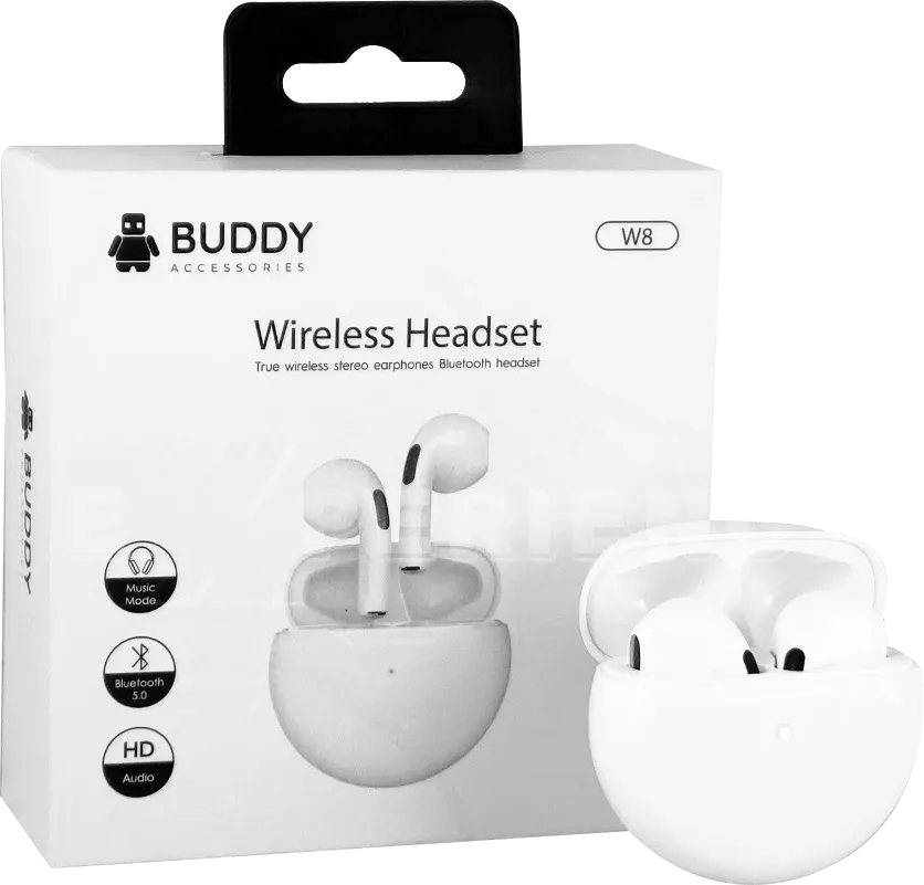 سماعات أذن لاسلكية بادي، بلوتوث 5.3، بطارية 180 مللي أمبير، أبيض، W8