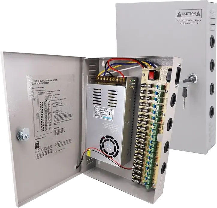 صندوق توزيع إمداد الطاقة جاما مع 18 قناة لكاميرات المراقبة، 12 فولت-30 أمبير، فضي