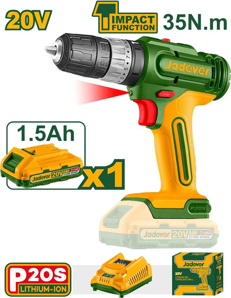 شنيور جادفر دقاق وتخريم قابل للشحن، 20 فولت، بطارية 1.5 أمبير، أصفر*أخضر، ECDL12620