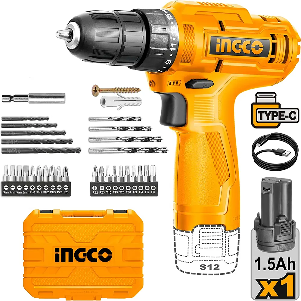 شنيور تخريم إنكو قابل للشحن، 12 فولت، 1 بطارية 1.5 أمبير، مع شنطة أدوات 89 قطعة، أصفر، HKTHP10891