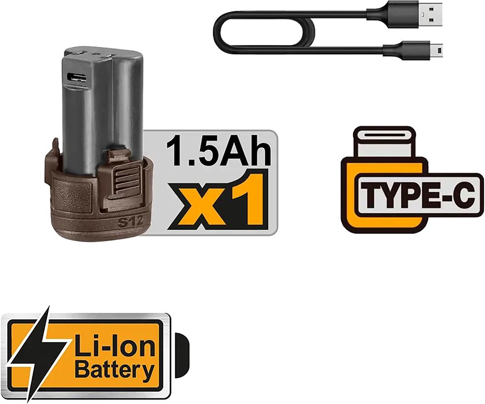 شنيور تخريم إنكو قابل للشحن، 12 فولت، 1 بطارية 1.5 أمبير، مع شنطة أدوات 89 قطعة، أصفر، HKTHP10891