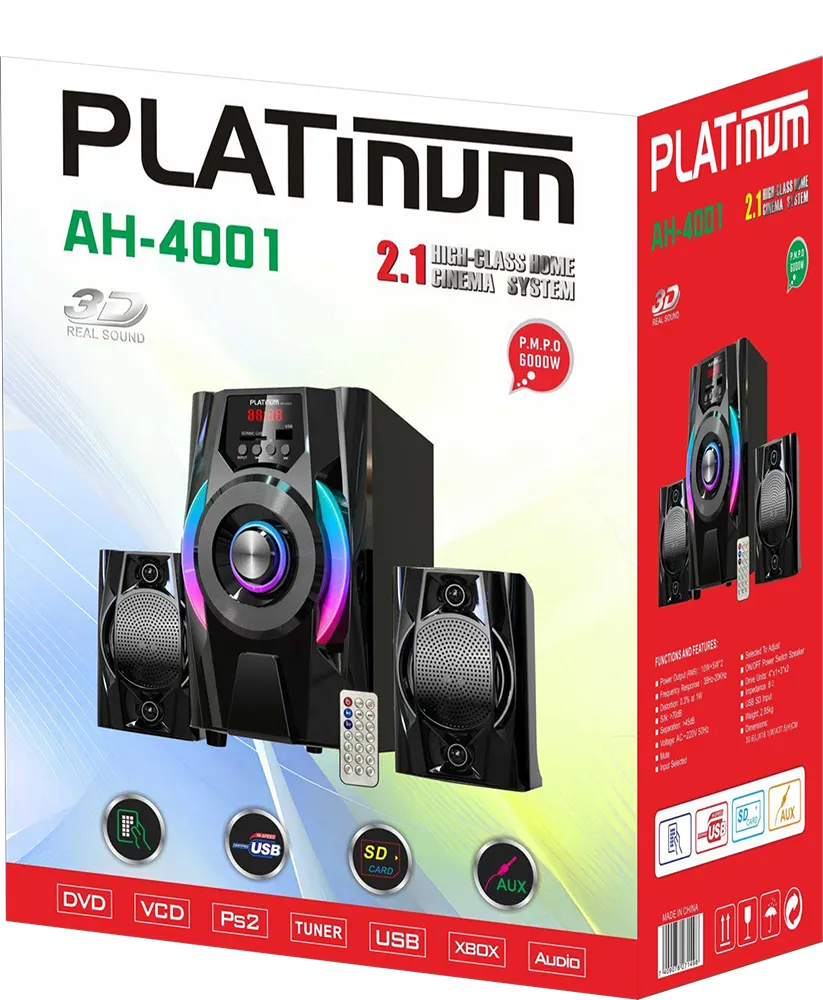 سماعات صب ووفر بلاتينيوم، بلوتوث، منفذ يو اس بي، إضاءة ليد، اسود، AH-4001