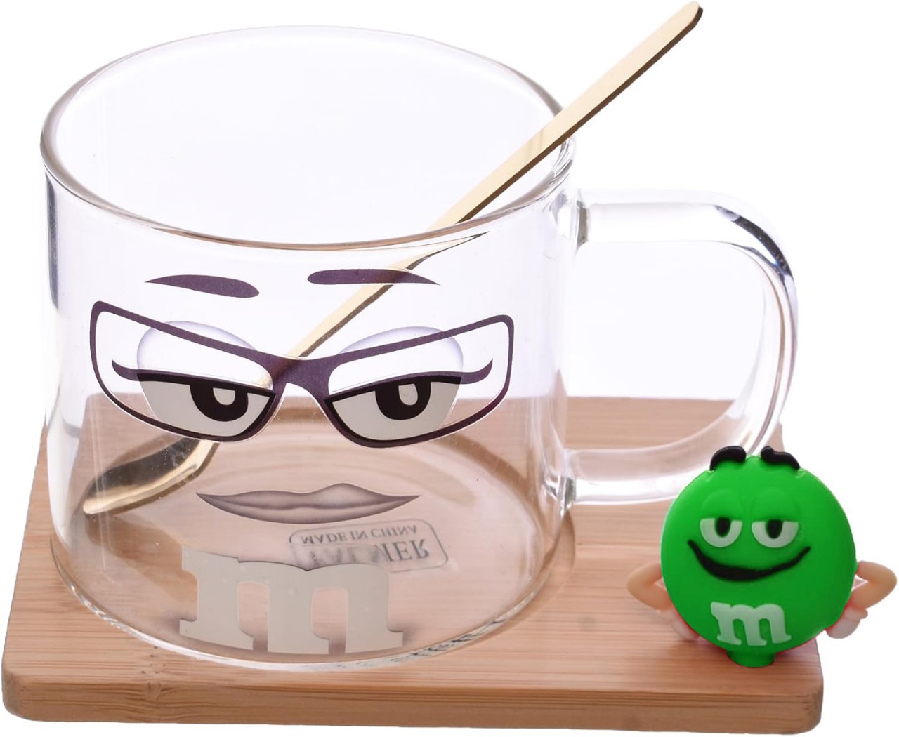 ماج زجاجي بيضاوي بتصميم شخصية كرتونية مع ملعقة صغيرة معدنية وقاعدة خشبية، طقم من 3 قطع
