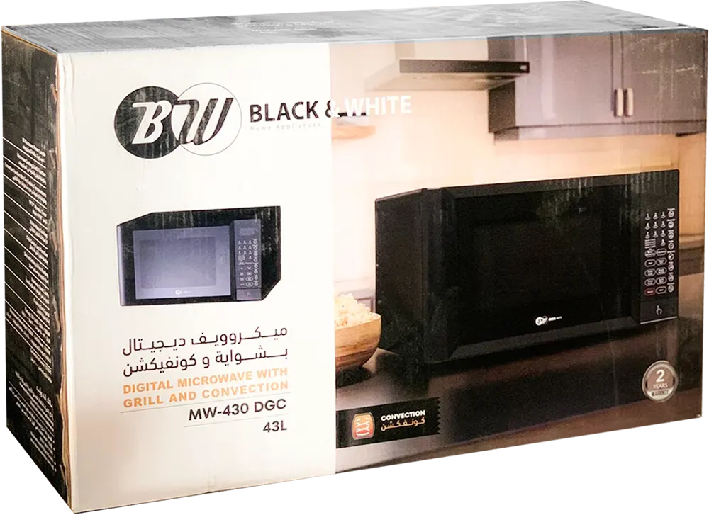 ميكروويف بلاك اند وايت 43 لتر، 1000 وات، شاشة ديجيتال، بشواية، كونفيكشن، أسود، MW-430 DGC