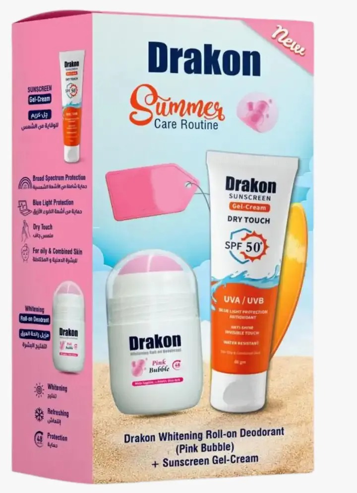 صن بلوك دراكون جل كريم بعامل حماية 50 صن بلوك للبشره الدهنيه والمختلطه + ديودرنت دراكون بينك بايل رول اون