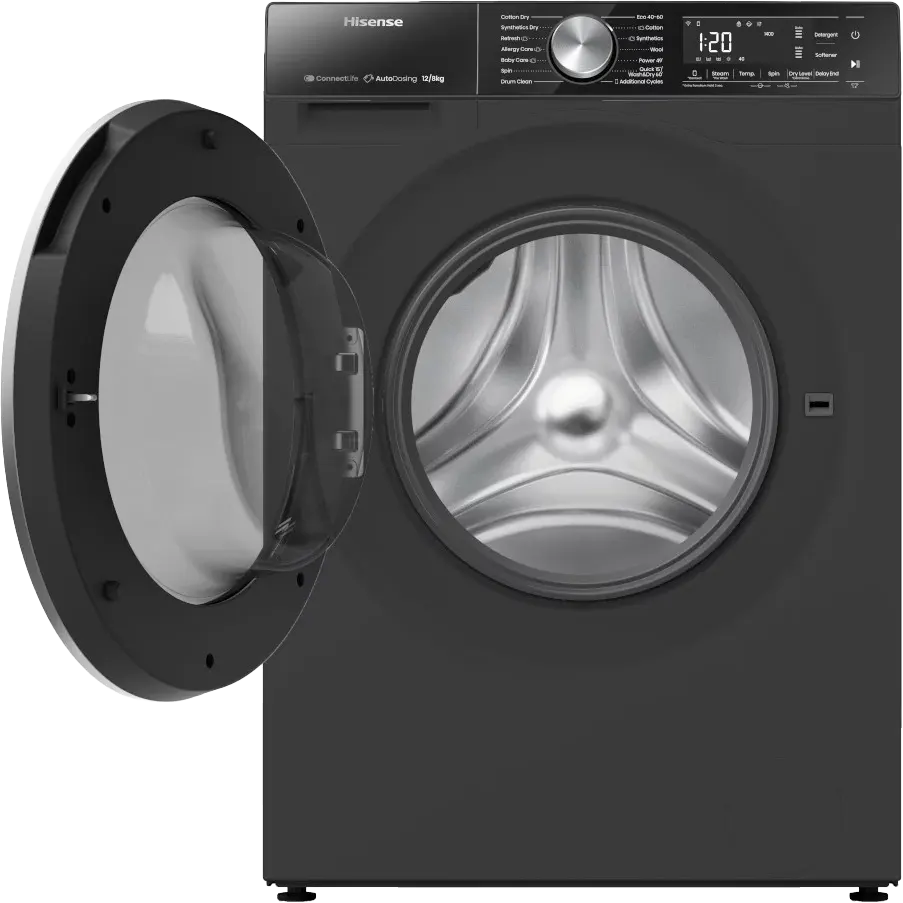 غسالة فول اوتوماتيك هايسنس تحميل أمامي 12 كيلو بمجفف 8 كيلو، شاشة ديجيتال، إنفرتر، أسود، WD5S1245BB