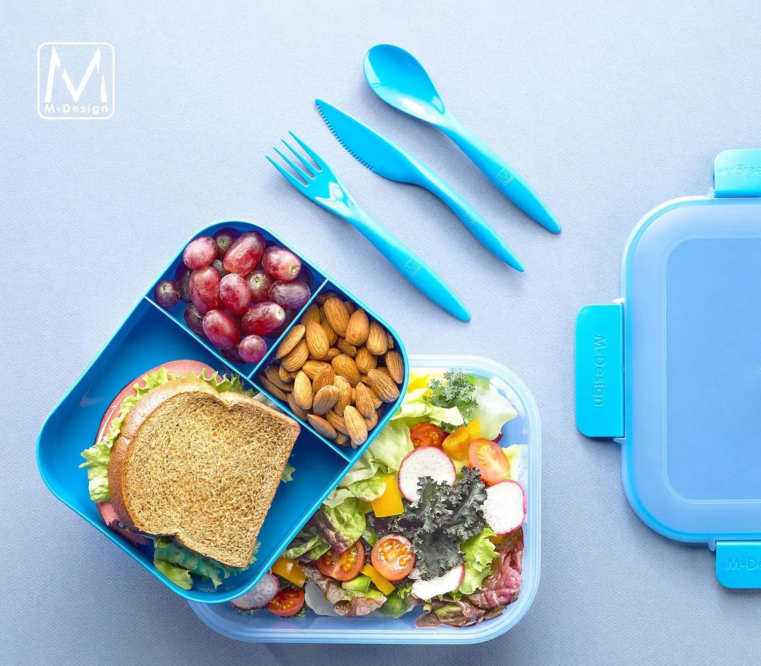 طقم لانش بوكس ام ديزاين بلاستيك، 1.1 لتر + زجاجة 500 ملل + أدوات طعام، أزرق، 75088